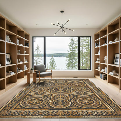 Intricate Gold Black Circular Bloom Arrangement Rug