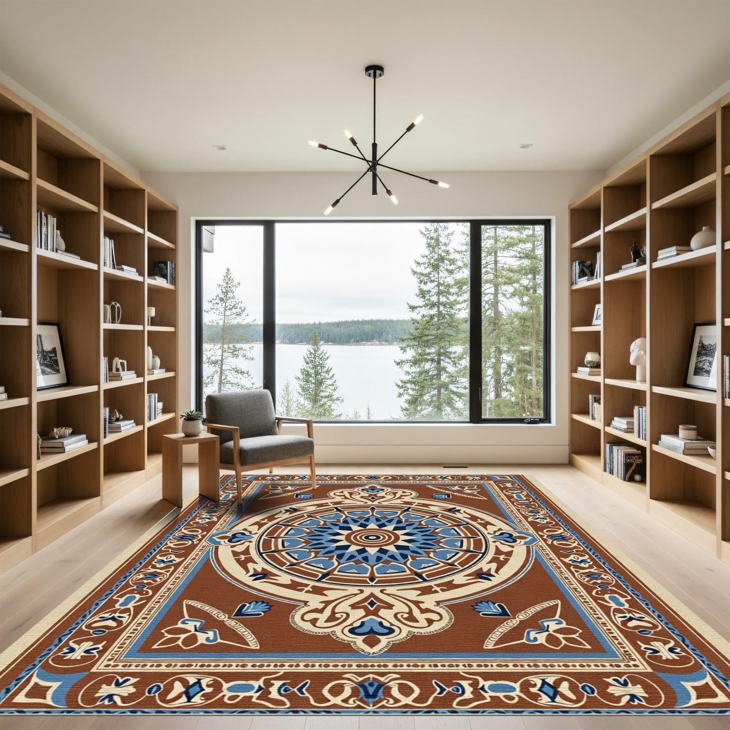 Brown Blue Floral Medallion Traditional Rug