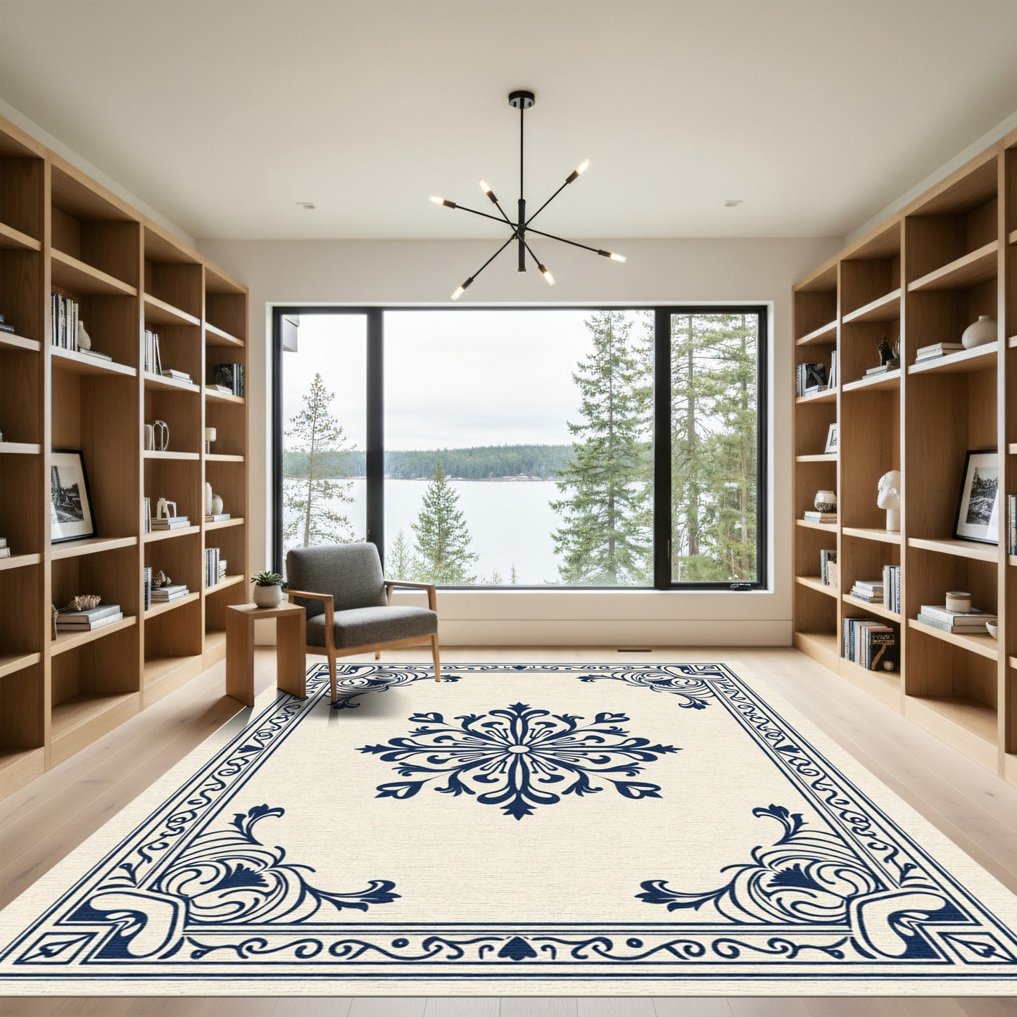 Classic Deep Blue Floral Medallion Accent Rug