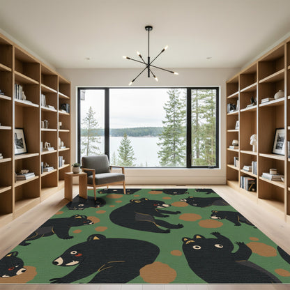 Playful Black Bears Green Woodland Scatter Rug