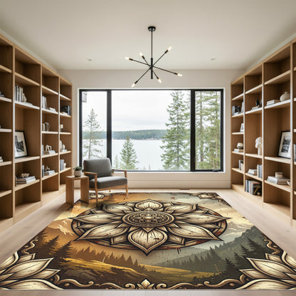 Golden Lotus Mandala Mountain Landscape Rug