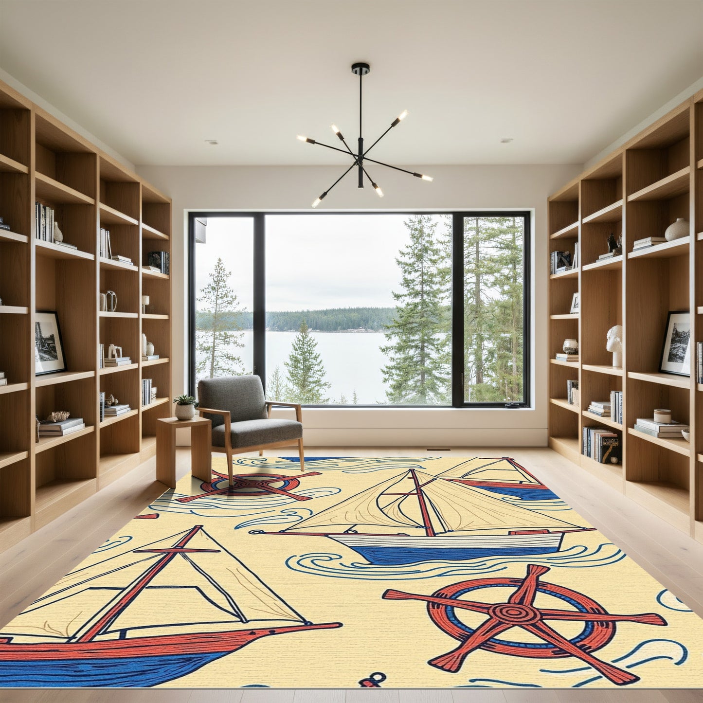 Nautical Sailboats Red Wheel Ocean Swirls Rug