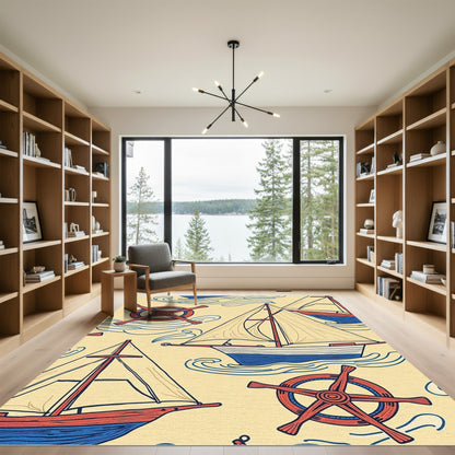 Nautical Sailboats Red Wheel Ocean Swirls Rug
