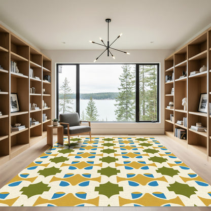 Golden Blue Green Geometric Tessellation Rug