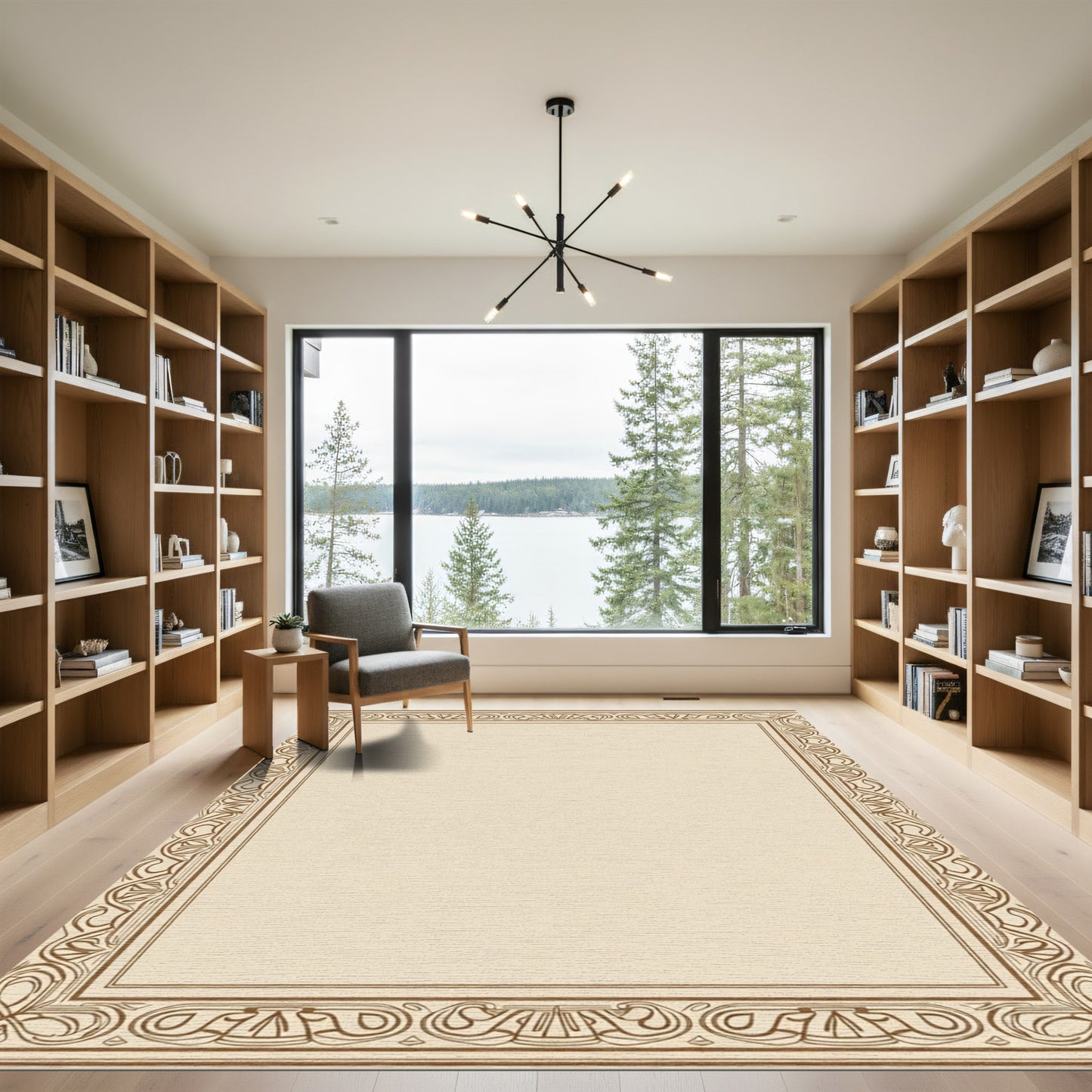 Elegant Tan Art Nouveau Border Rug
