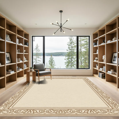 Elegant Tan Art Nouveau Border Rug