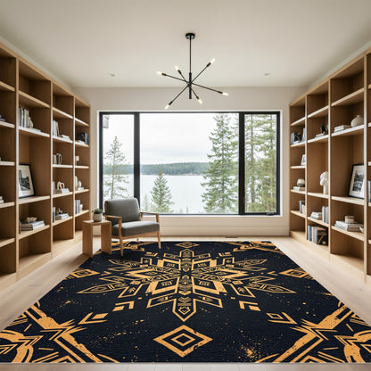 Golden Tribal Snowflake Geometric Charcoal Rug