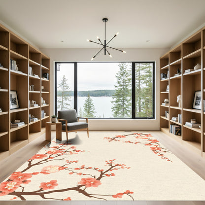 Coral Blossom Branches on Cream Rug