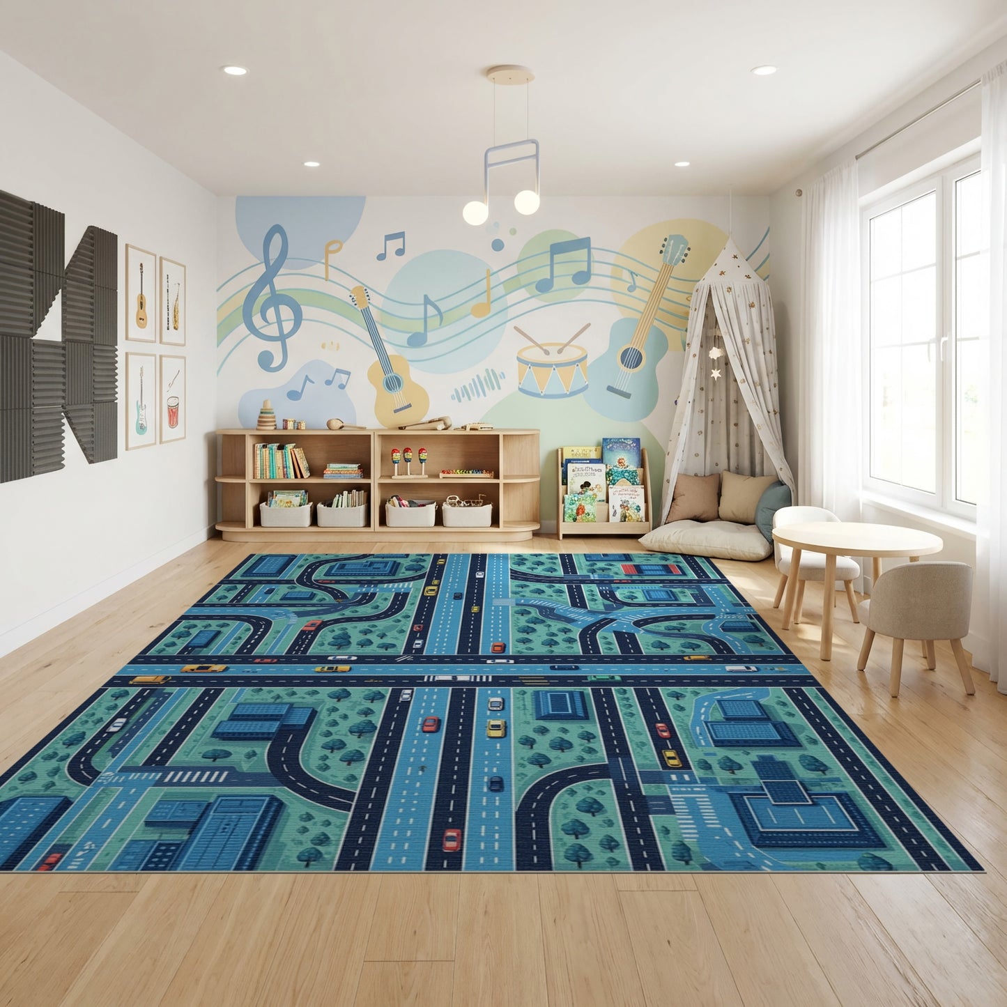 Stylized Teal City Road Map Rug