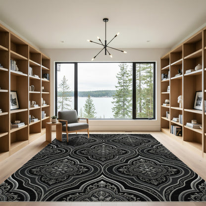 Ornate Black Silver Arabesque Rug