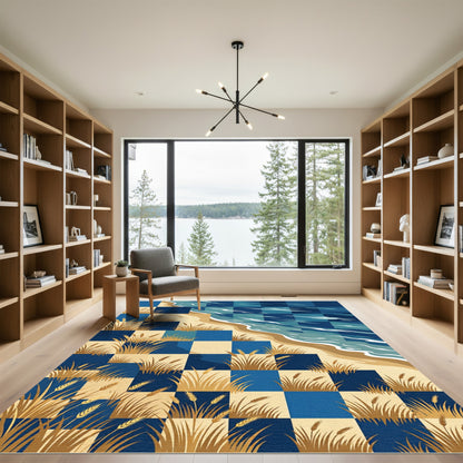 Coastal Wheat Field Checkerboard Blue Rug