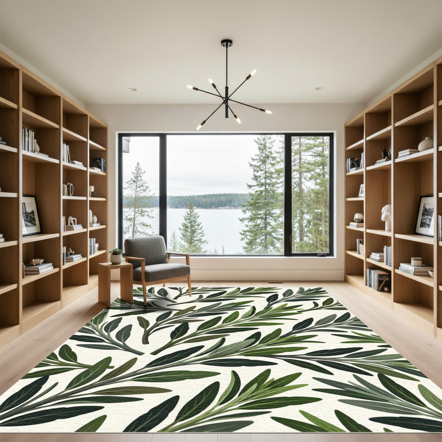 Deep Green Olive Branch Pattern Rug