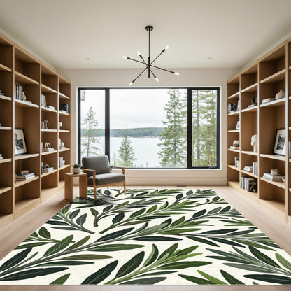 Deep Green Olive Branch Pattern Rug