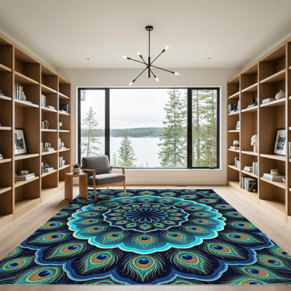 Peacock Feather Mandala Teal Blue Rug