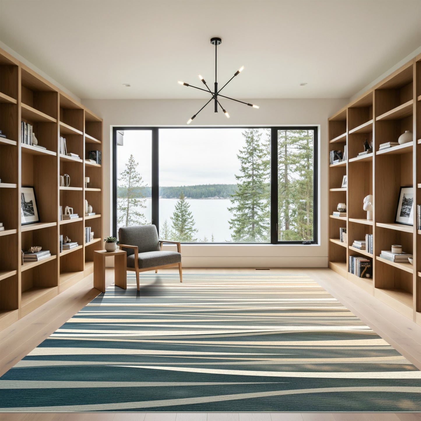 Minimalist Abstract Cream and Blue Wave Rug