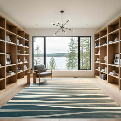Minimalist Abstract Cream and Blue Wave Rug