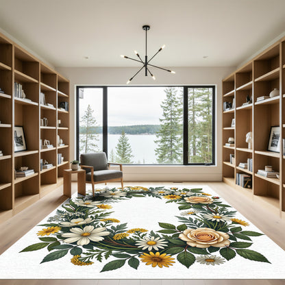 Elegant Cream Rose and Daisy Wreath Rug