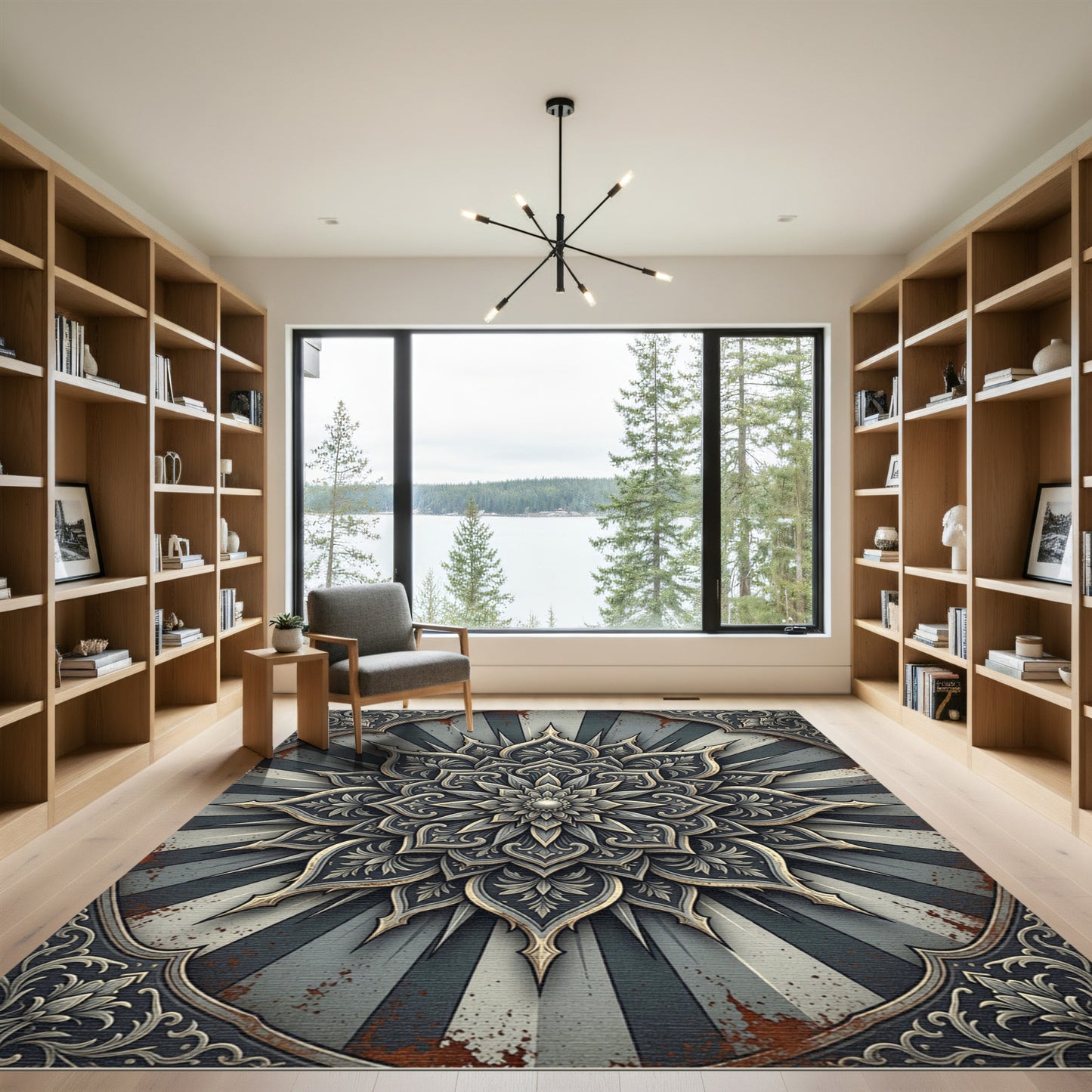 Metallic Gray Floral Starburst Medallion Rug