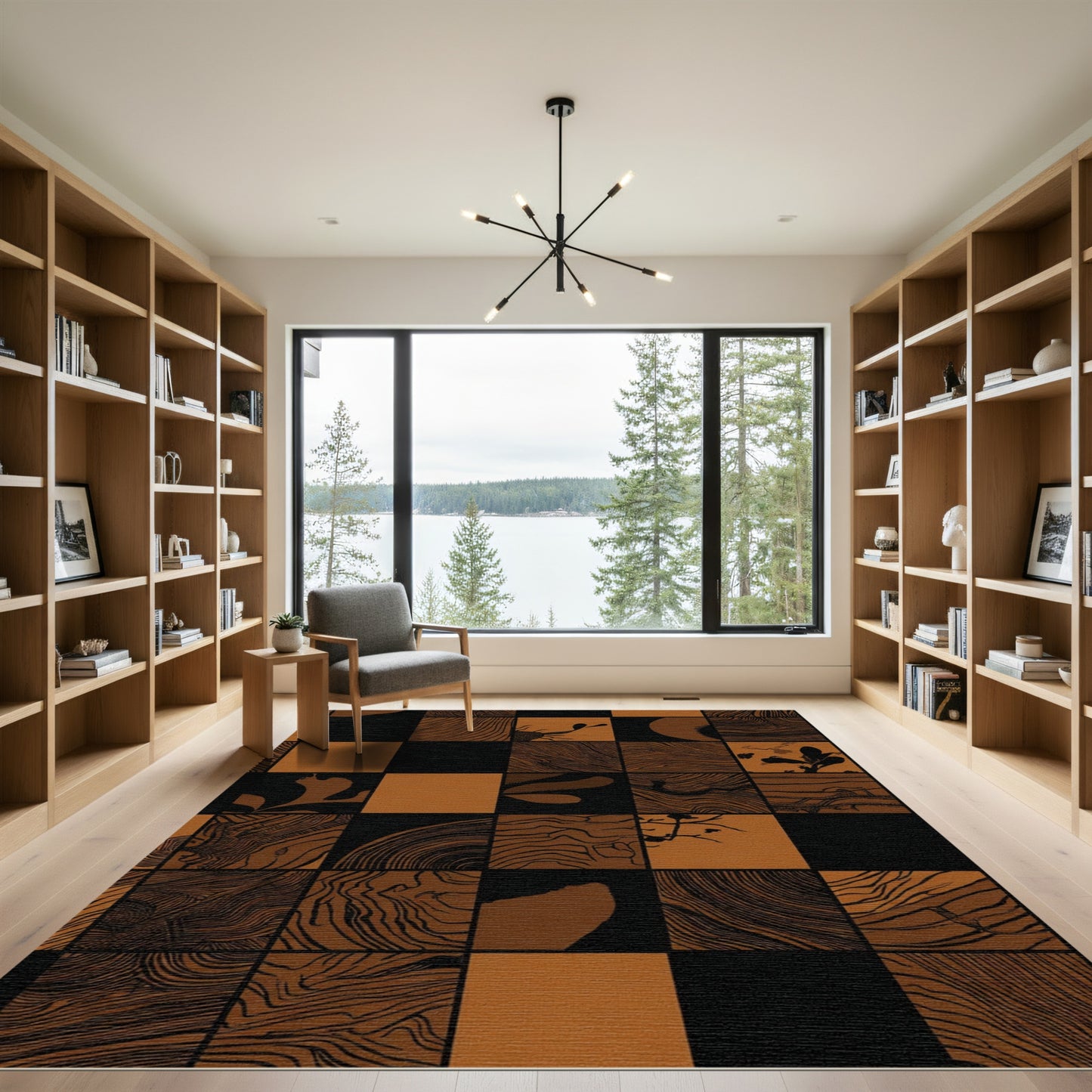 Sepia Wood Grain Checkerboard Art Rug