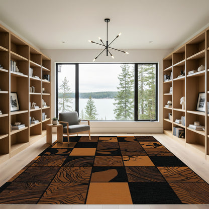 Sepia Wood Grain Checkerboard Art Rug