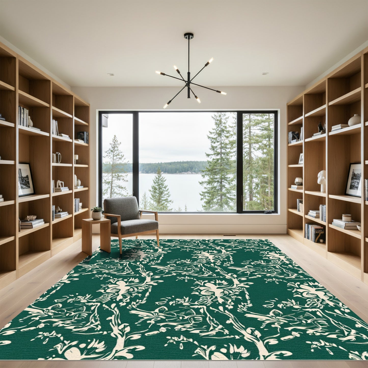 Cream Floral Branches Emerald Green Rug
