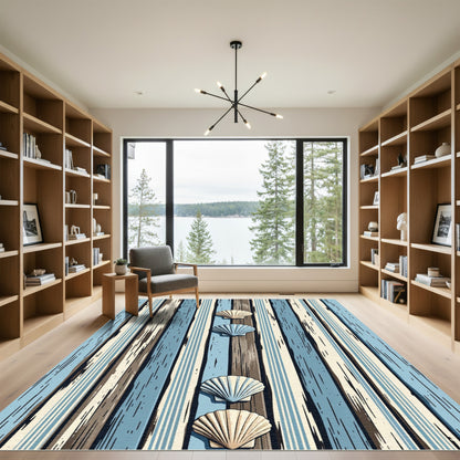 Coastal Seashell Blue Striped Planks Rug