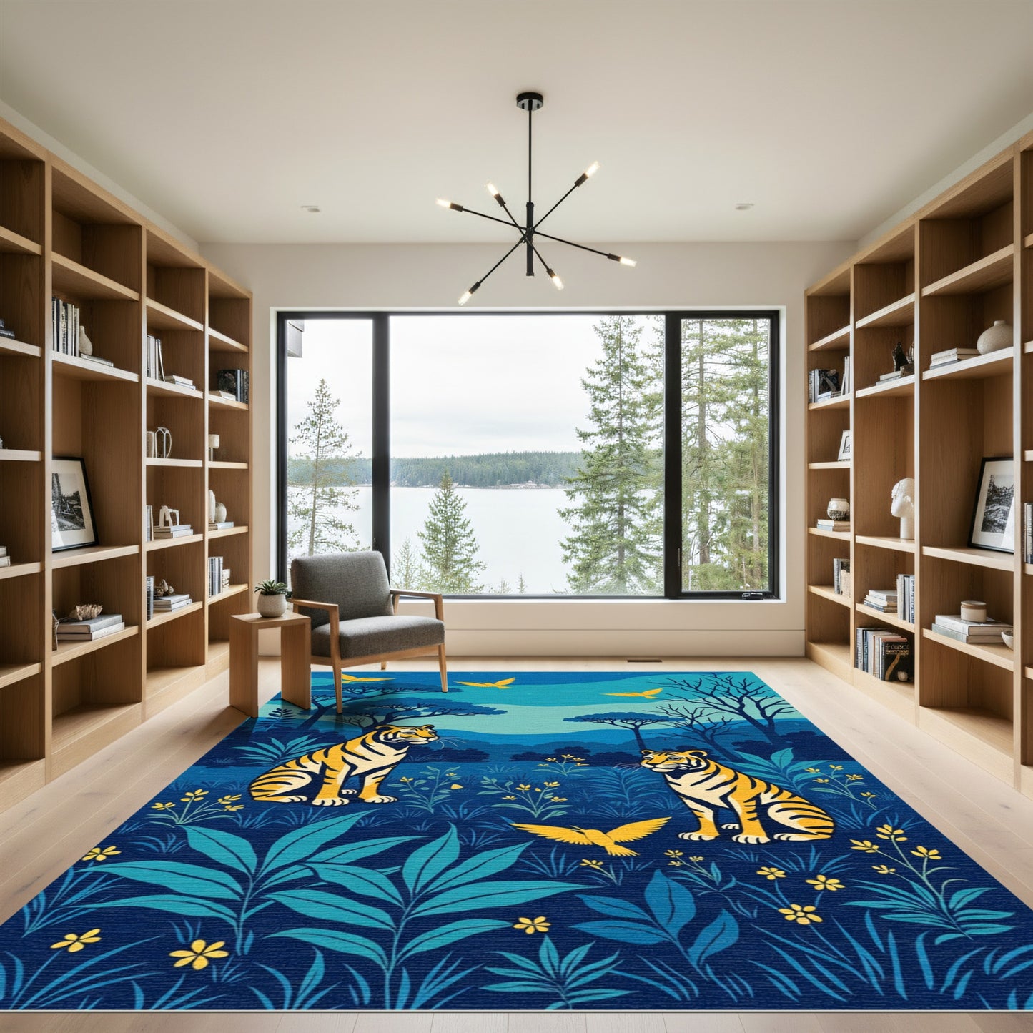 Golden Birds Tiger Jungle Scene Rug