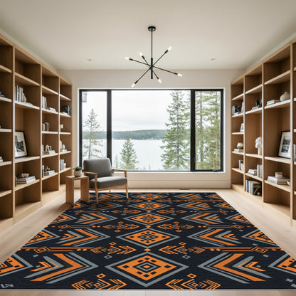 Bold Black Orange Geometric Arrow Tribal Rug