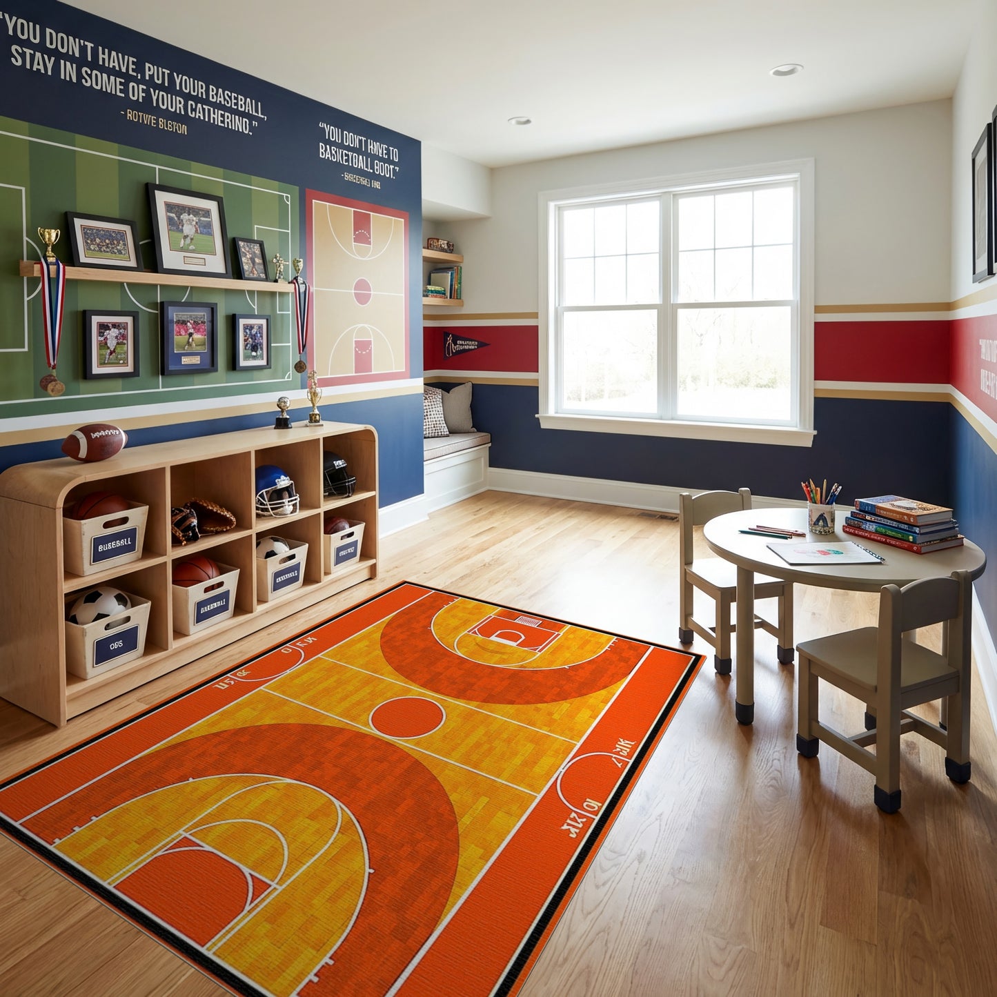 Sporty Orange Basketball Court Pattern Rug