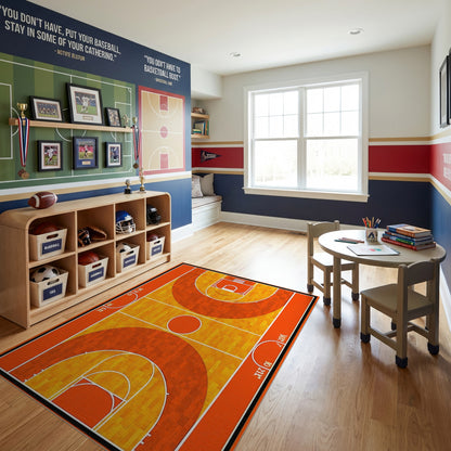 Sporty Orange Basketball Court Pattern Rug