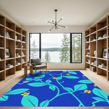 Teal Leaf and Yellow Flower Vine Rug