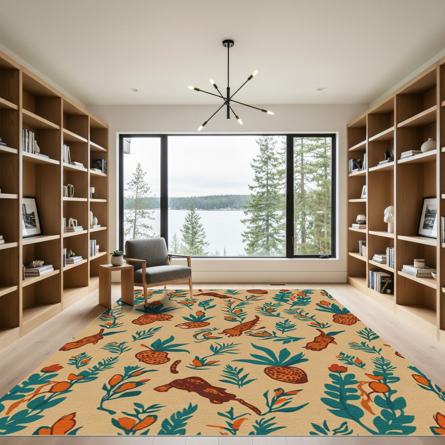 Earthy Orange Teal Botanical Collage Rug