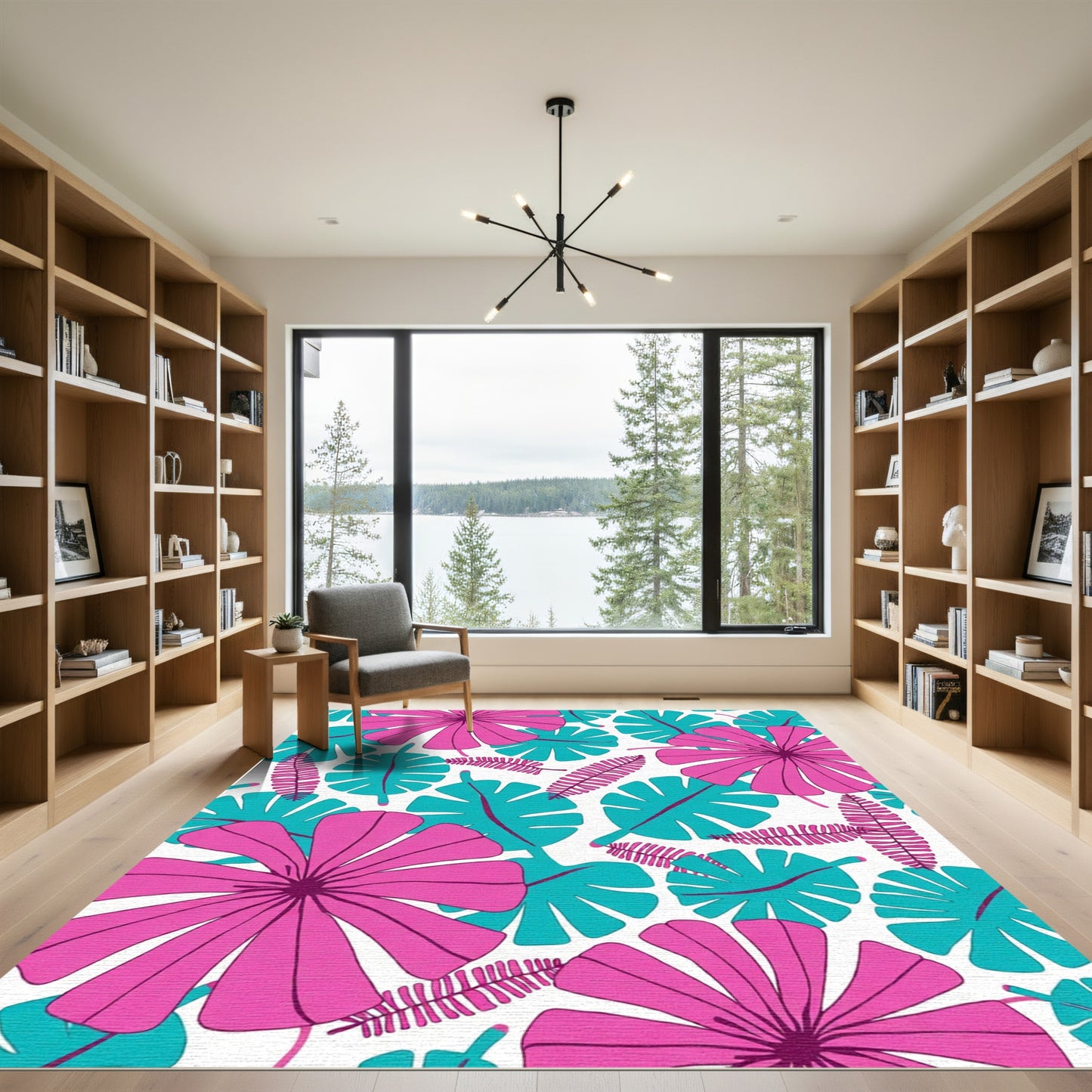 Pink Teal Tropical Flower Foliage Rug