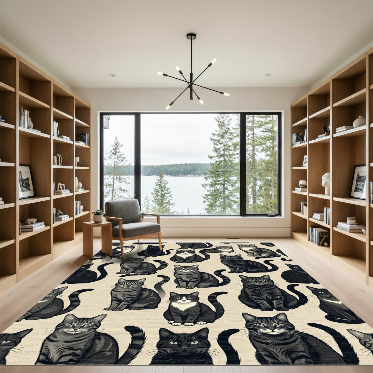 Whimsical Charcoal Tabby Cat Illustration Rug