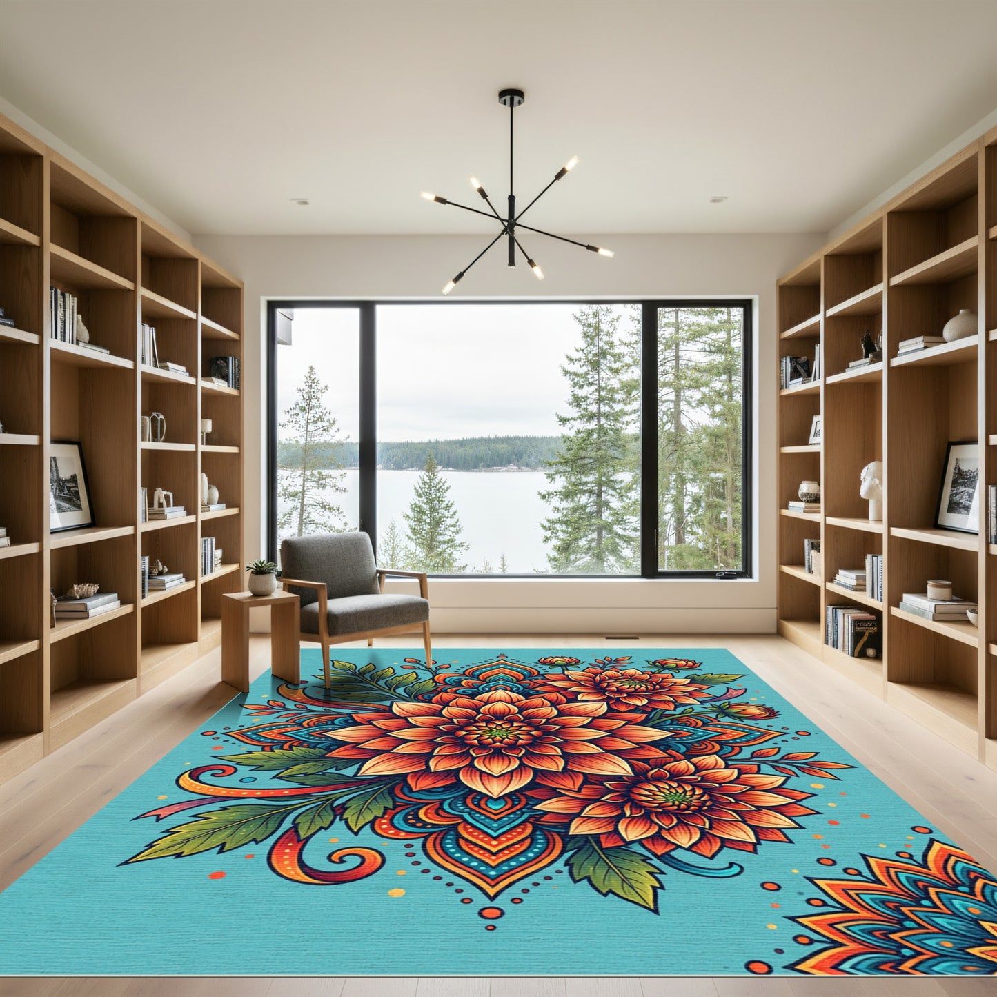 Vibrant Orange Floral Mandala Composition Rug