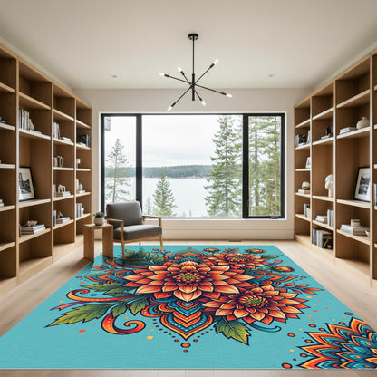 Vibrant Orange Floral Mandala Composition Rug
