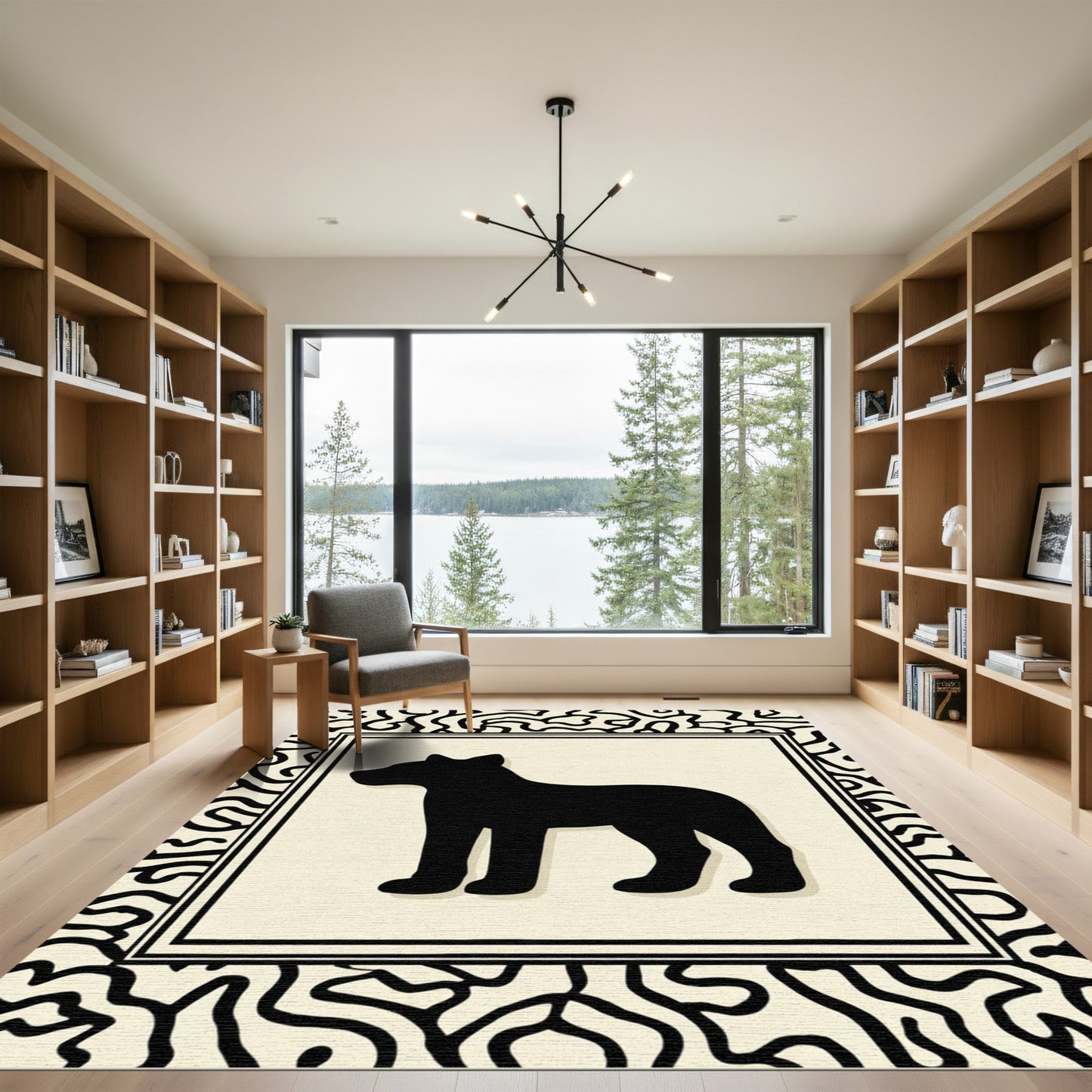 Black Dog Silhouette Ivory Maze Border Rug