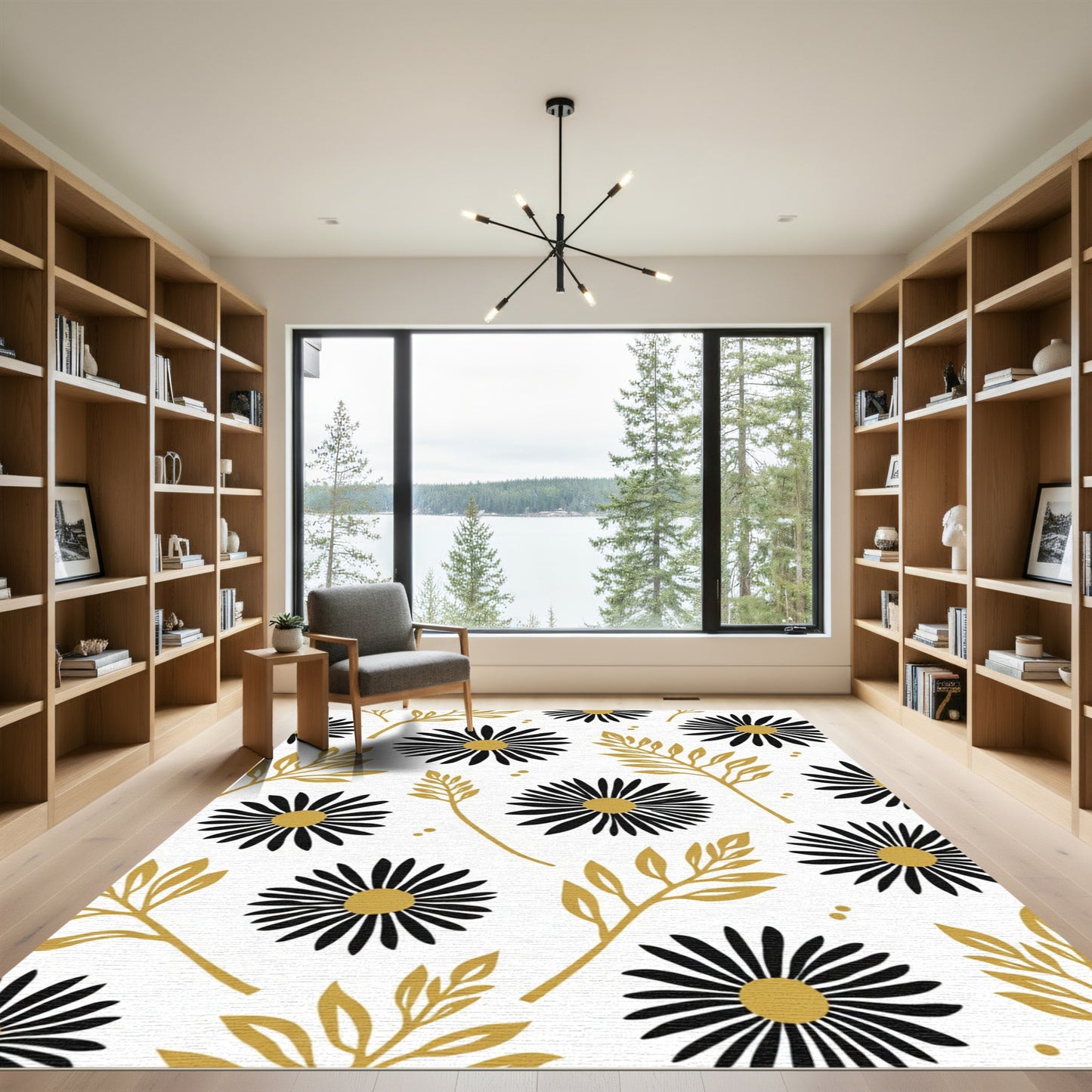 Black Gold Floral Daisy Branches Rug