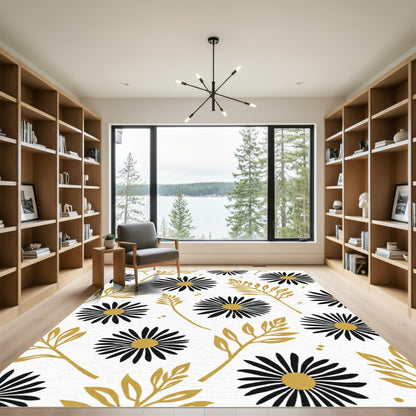 Black Gold Floral Daisy Branches Rug