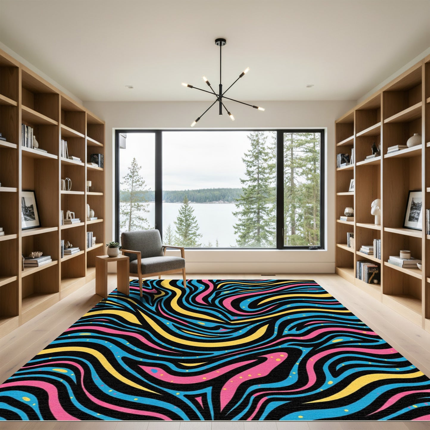 Vibrant Pink Blue Yellow Zebra Waves Rug
