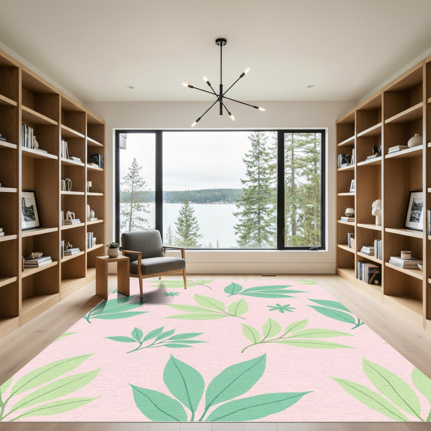 Soft Pink Green Leafy Botanical Rug