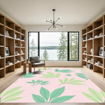 Soft Pink Green Leafy Botanical Rug