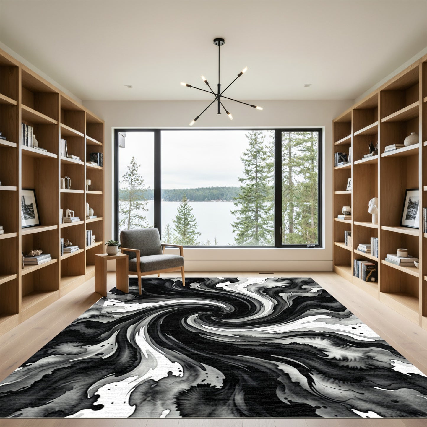 Abstract Black Swirl Ink Wash Rug
