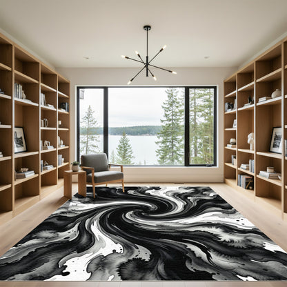 Abstract Black Swirl Ink Wash Rug