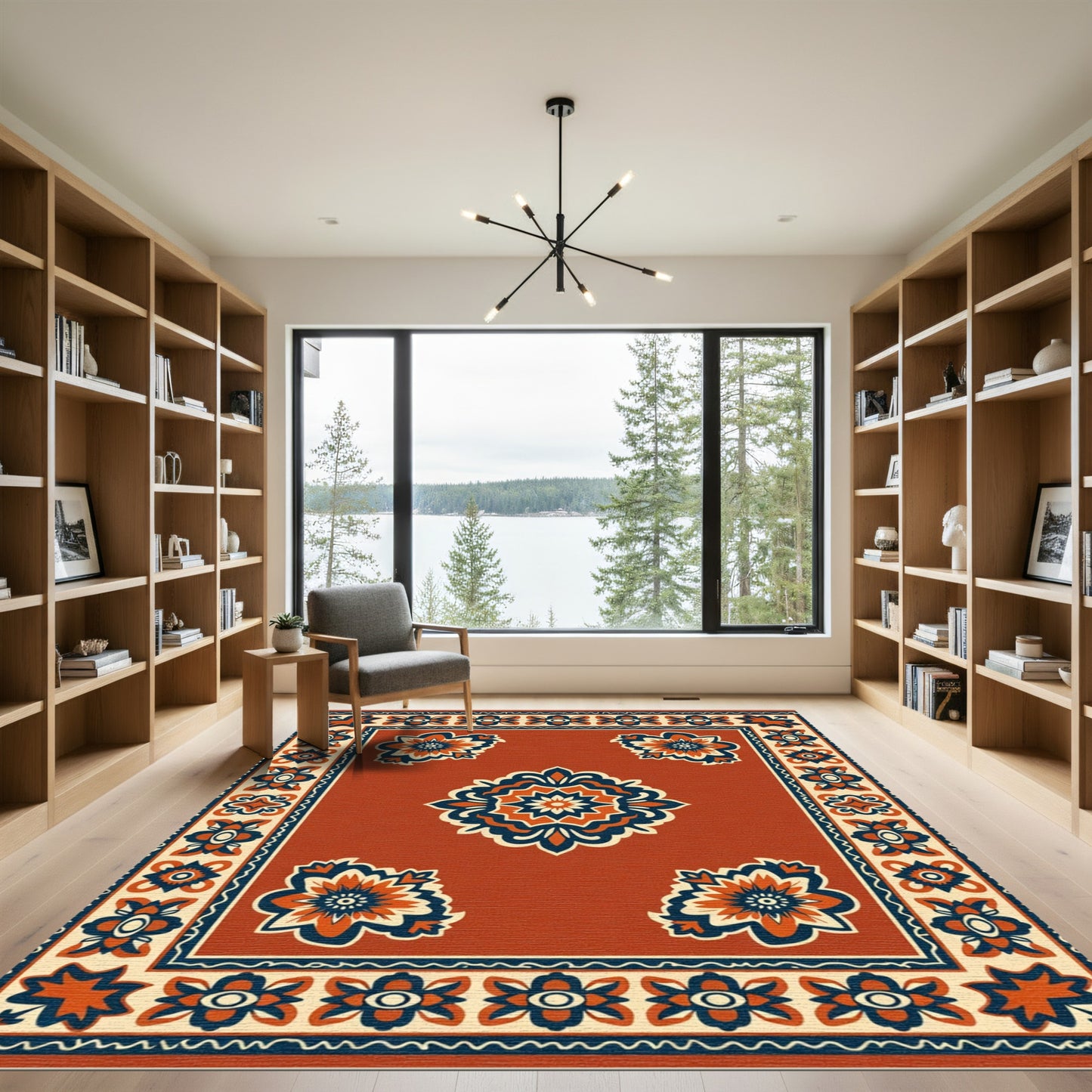 Burnt Orange Floral Medallion Border Rug