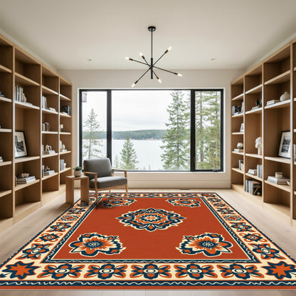 Burnt Orange Floral Medallion Border Rug