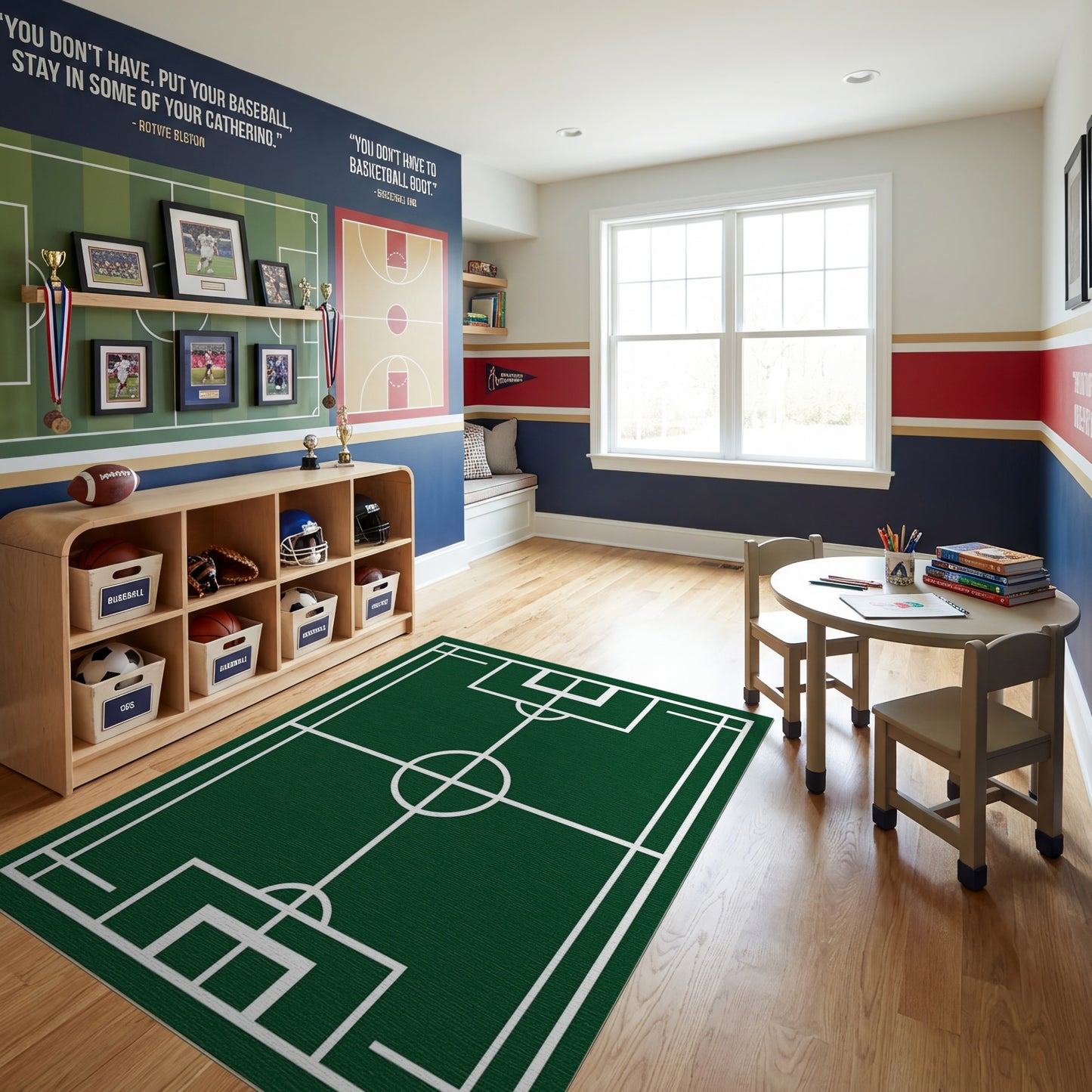 Green Soccer Field White Lines Rug