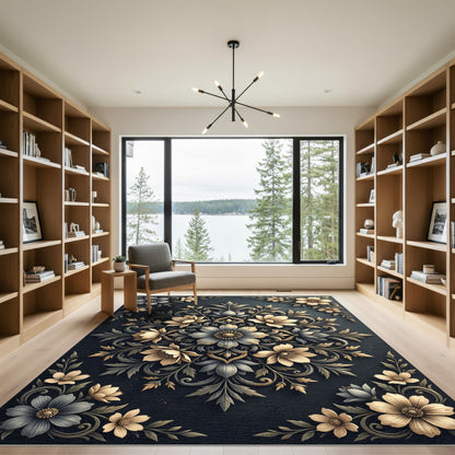 Refined Charcoal Gold Floral Medallion Rug