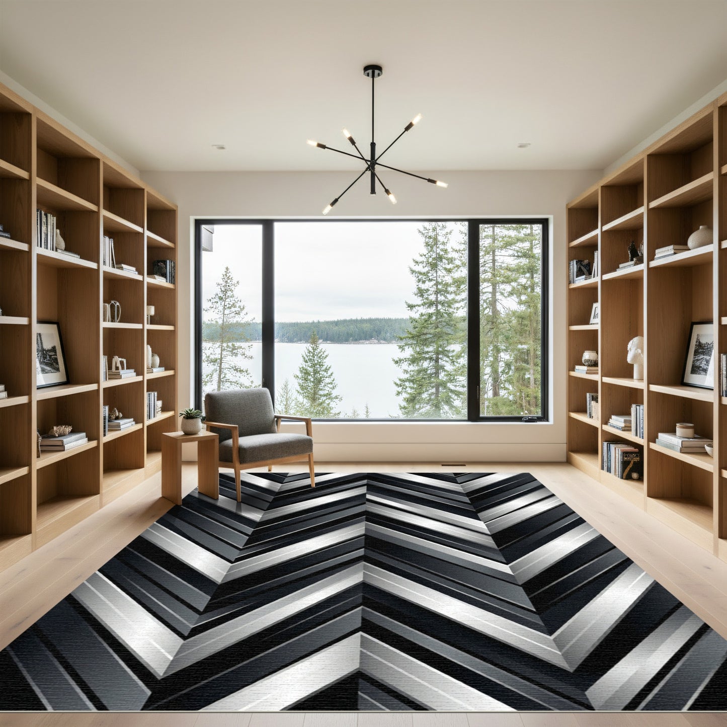 Modern Metallic Silver Chevron Stripe Rug
