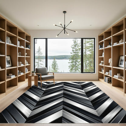 Modern Metallic Silver Chevron Stripe Rug